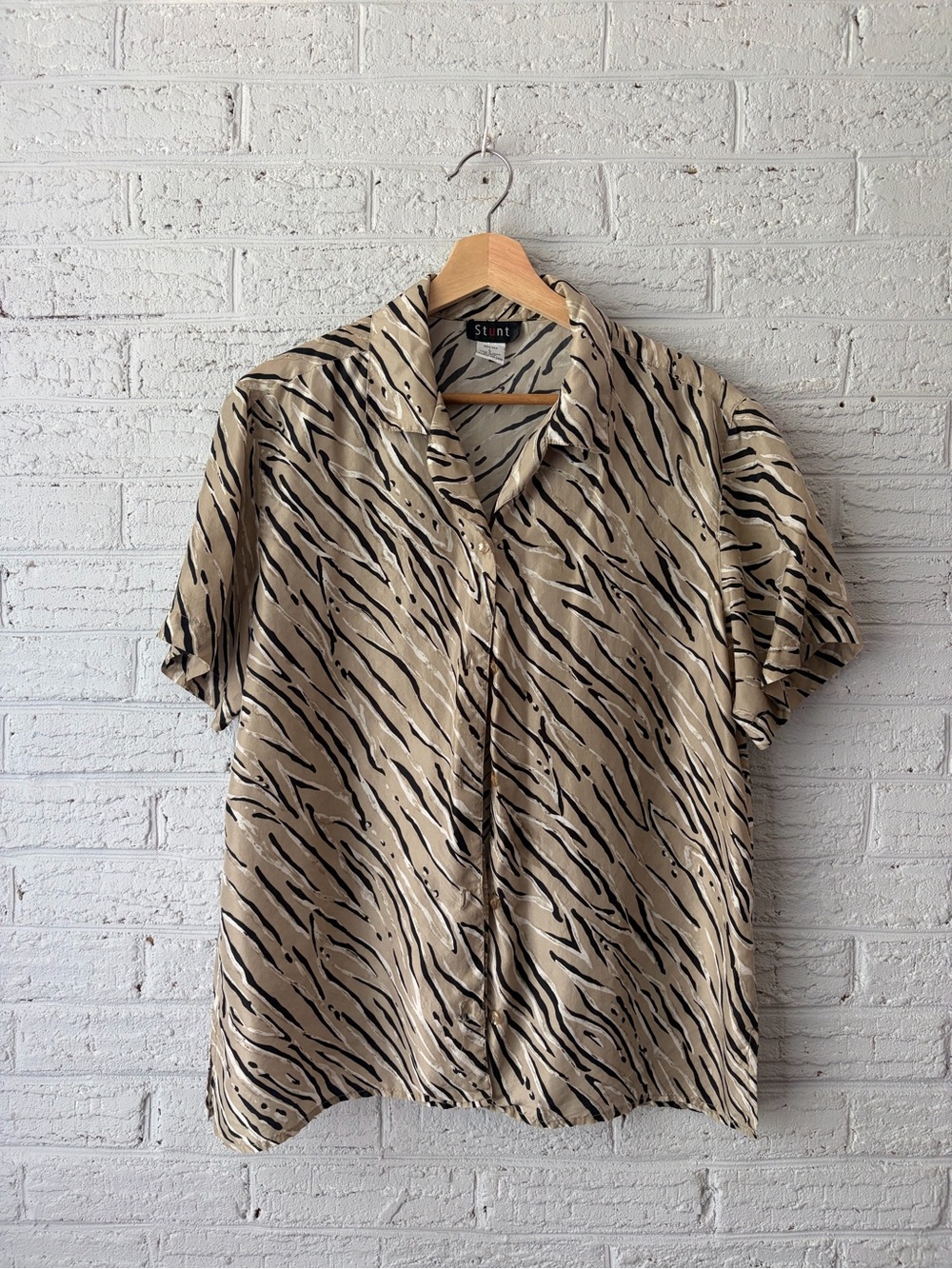 100% Silk Short Sleeve Animal Print Button-Up Top - Neutral Zebra Stripe